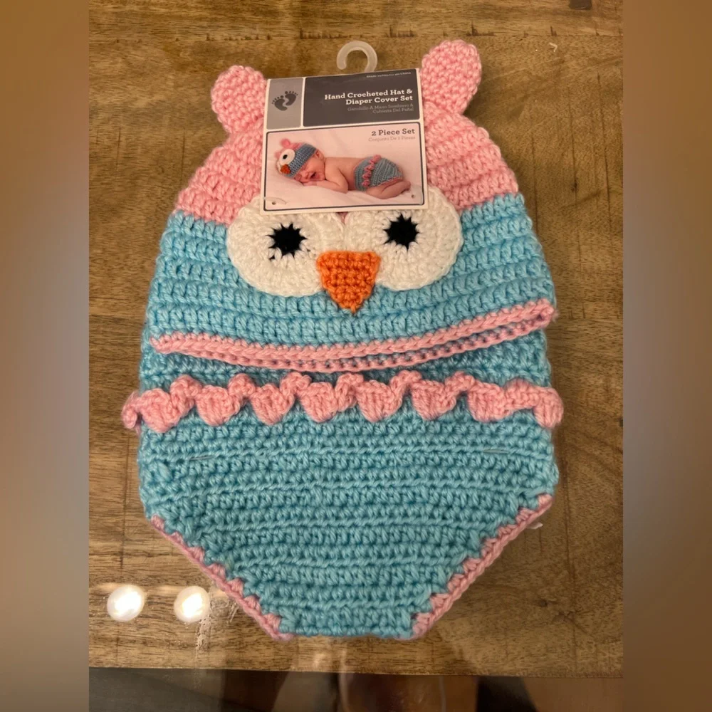 Blue and Pink Owl Knit Hat and diaper cover for baby